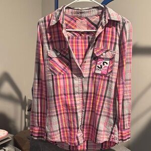 Pink Plaid women  Shirt with patches